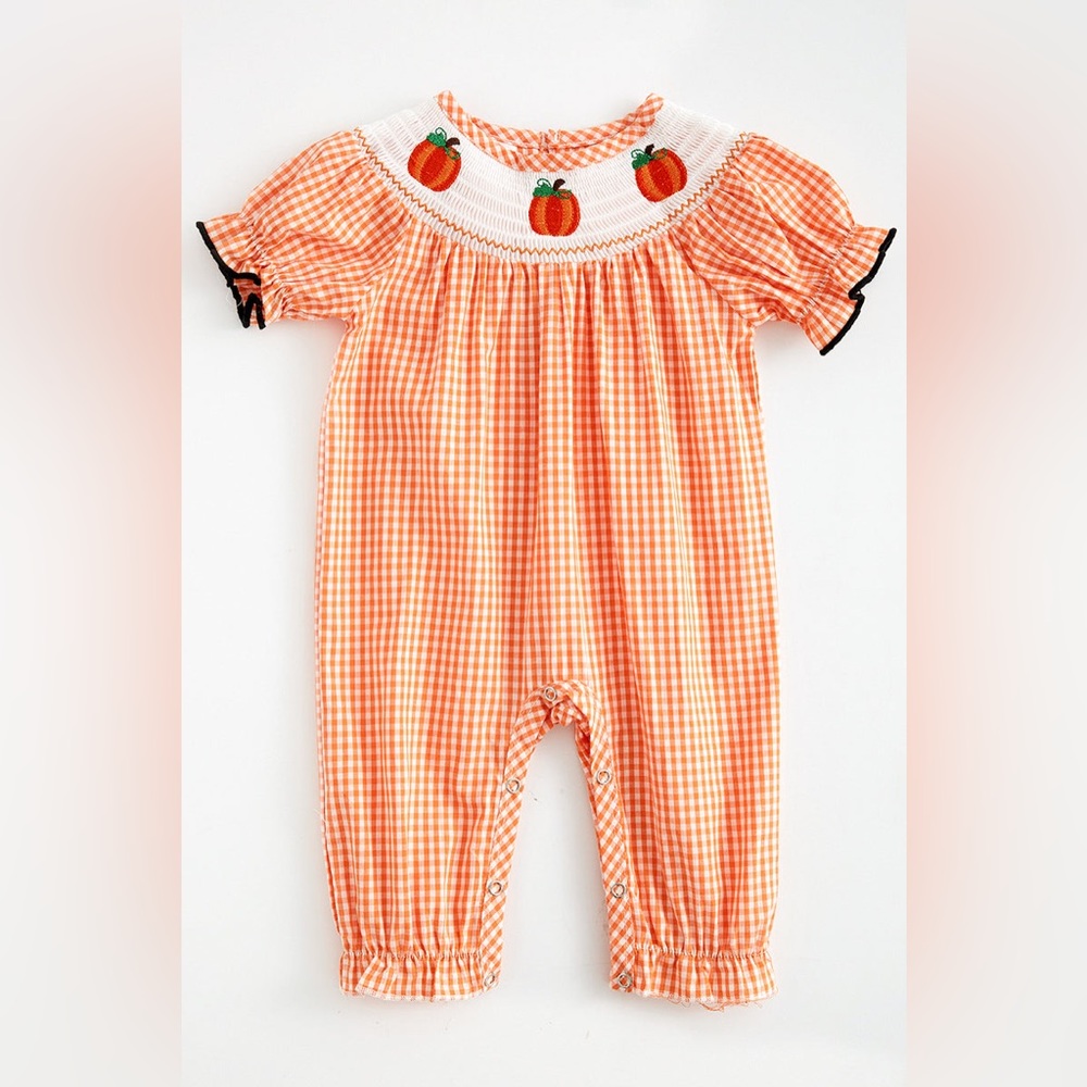 SOLD OUT ORANGE PLAID PUMPKIN SMOCKED BABY/TODDLER GIRL ROMPER-